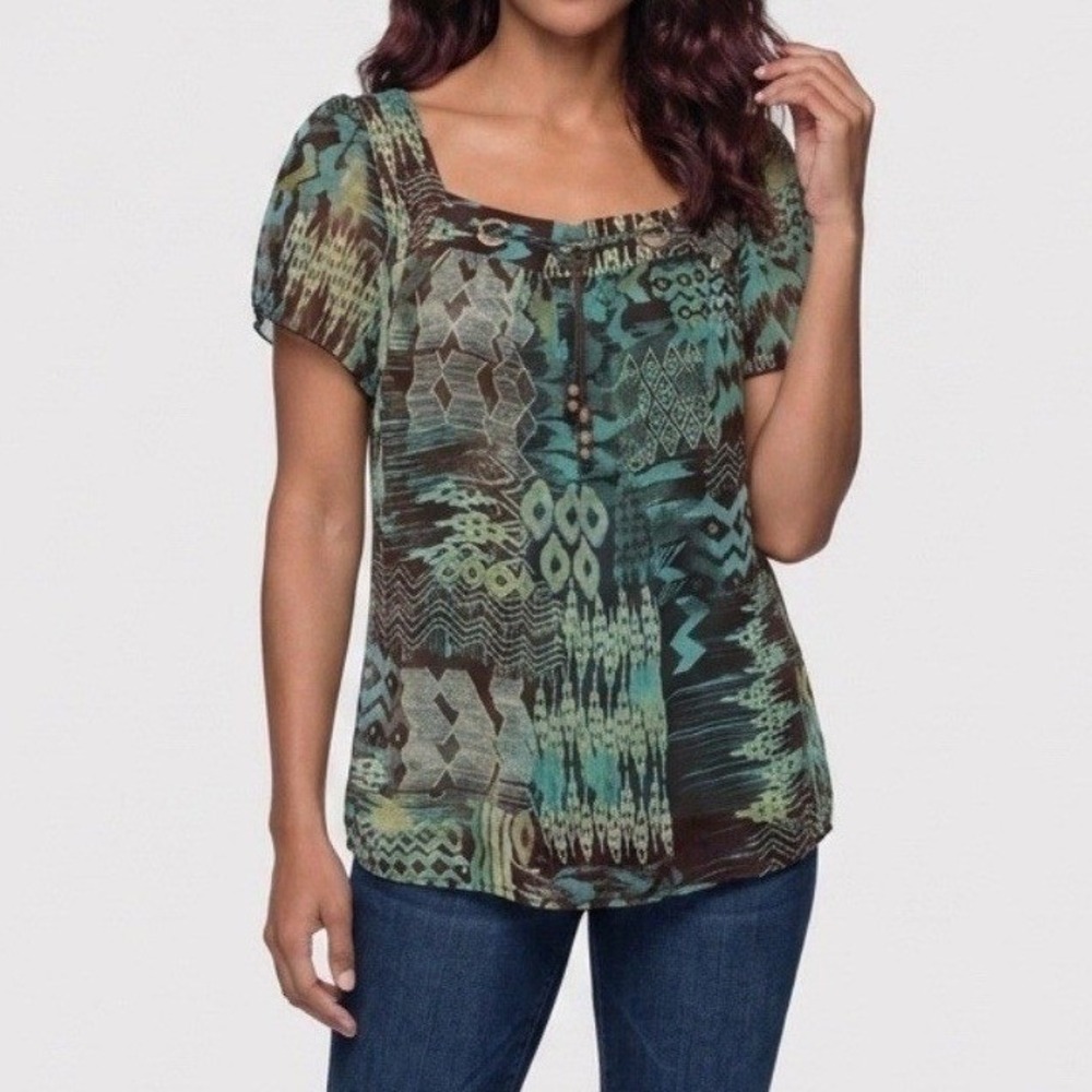 Zac & Rachel Blouse Women PM Brown Teal Tribal Print Square Neck Short Sleeve‎